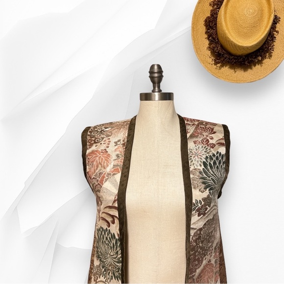 Montsuki Honolulu Vest Silk Samurai Inspired Lotus Brocade Rayon NWT 1970s - Picture 9 of 15